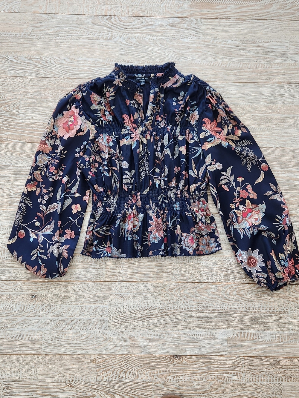 Smocked Navy Floral Long-Sleeve Peasant Top - Picture 2 of 4